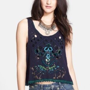 FREE PEOPLE Desert Wonder Distressed Embellished Embroidered Small Tank Top